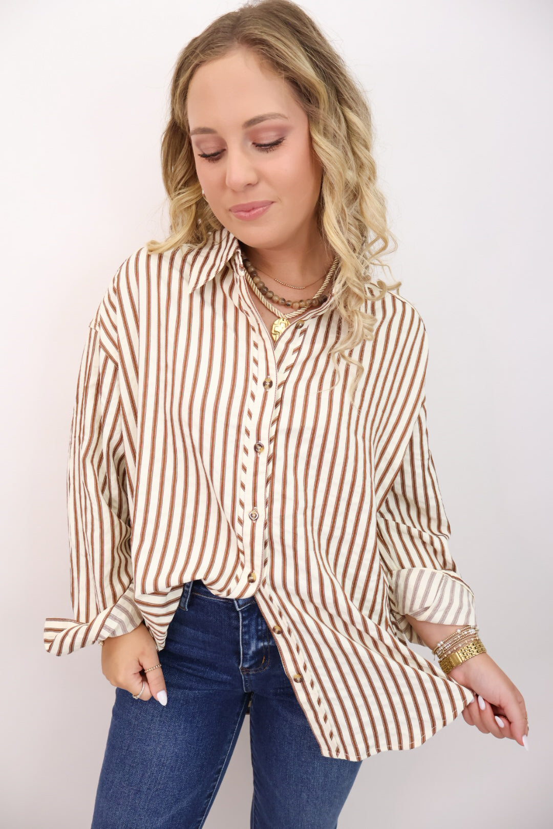 Brown Stripe Button Down Top