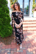 Black and brown floral off-the-shoulder maxi dress with long sheer sleeves