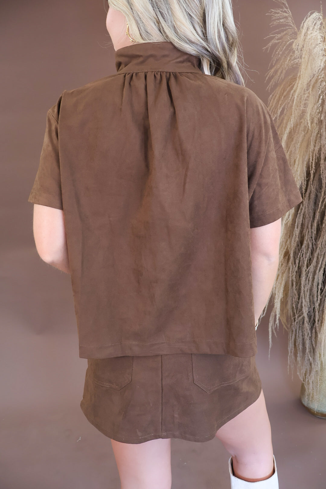 Chocolate faux suede top and skort set