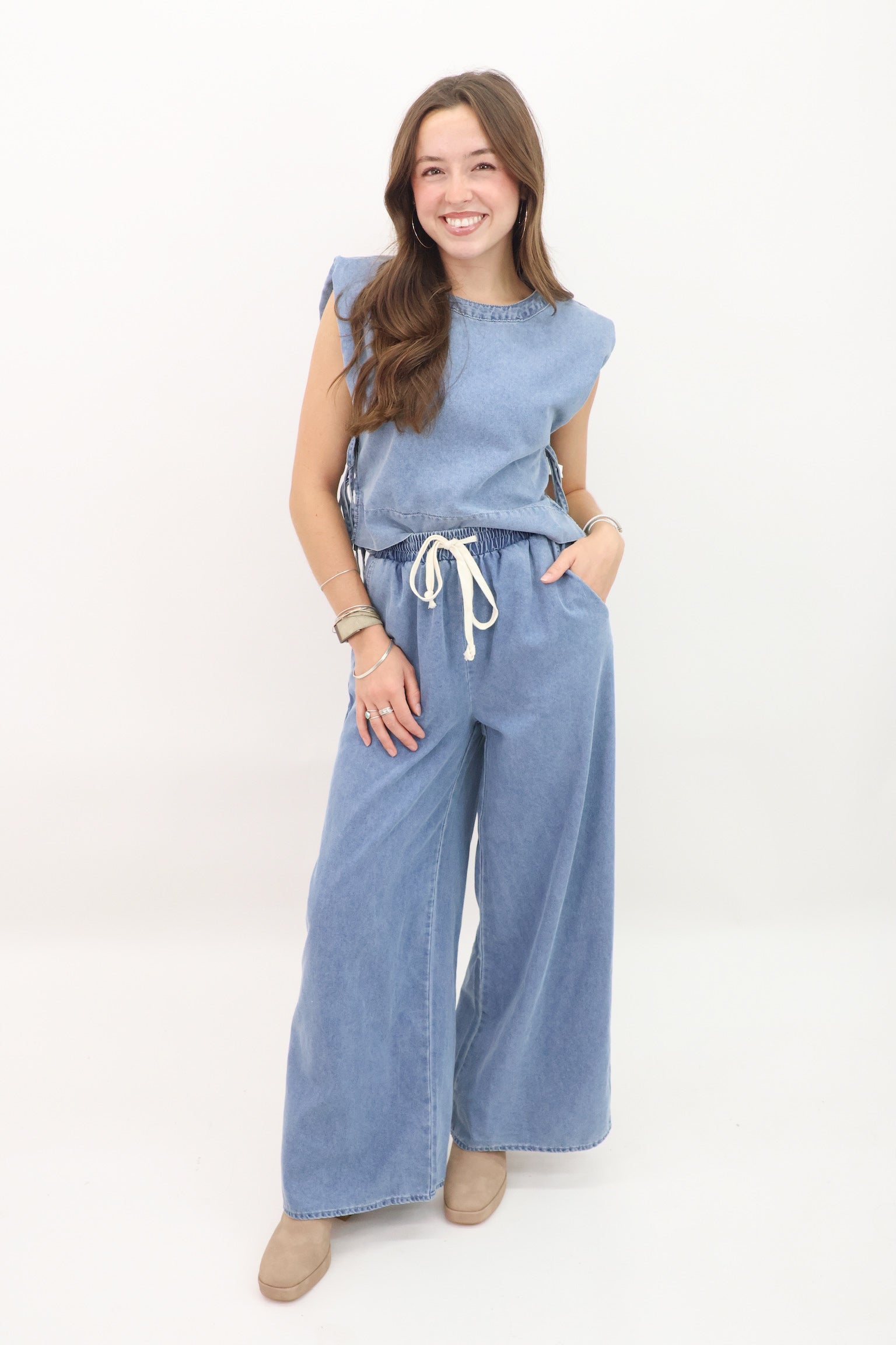 Light Denim Crop Top + Pants Set