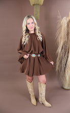 Chocolate balloon sleeve satin mini dress with mock neckline and elastic waist