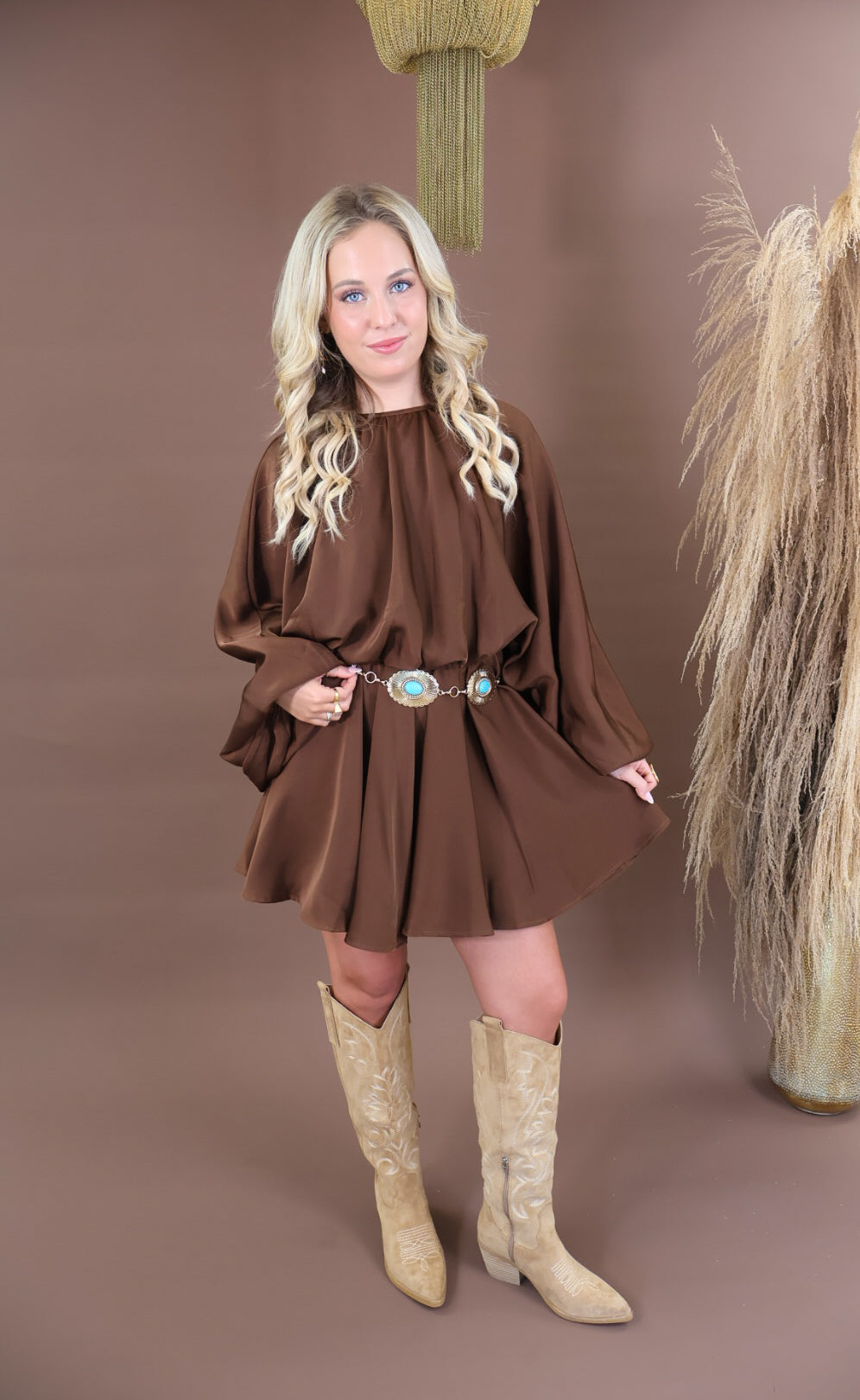 Chocolate balloon sleeve satin mini dress with mock neckline and elastic waist