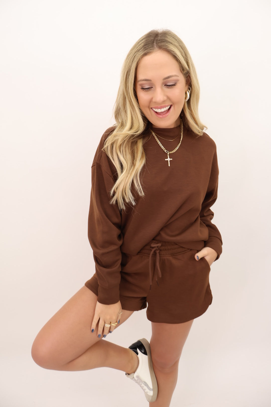 Scuba Mock Neck Shorts Set - Brown