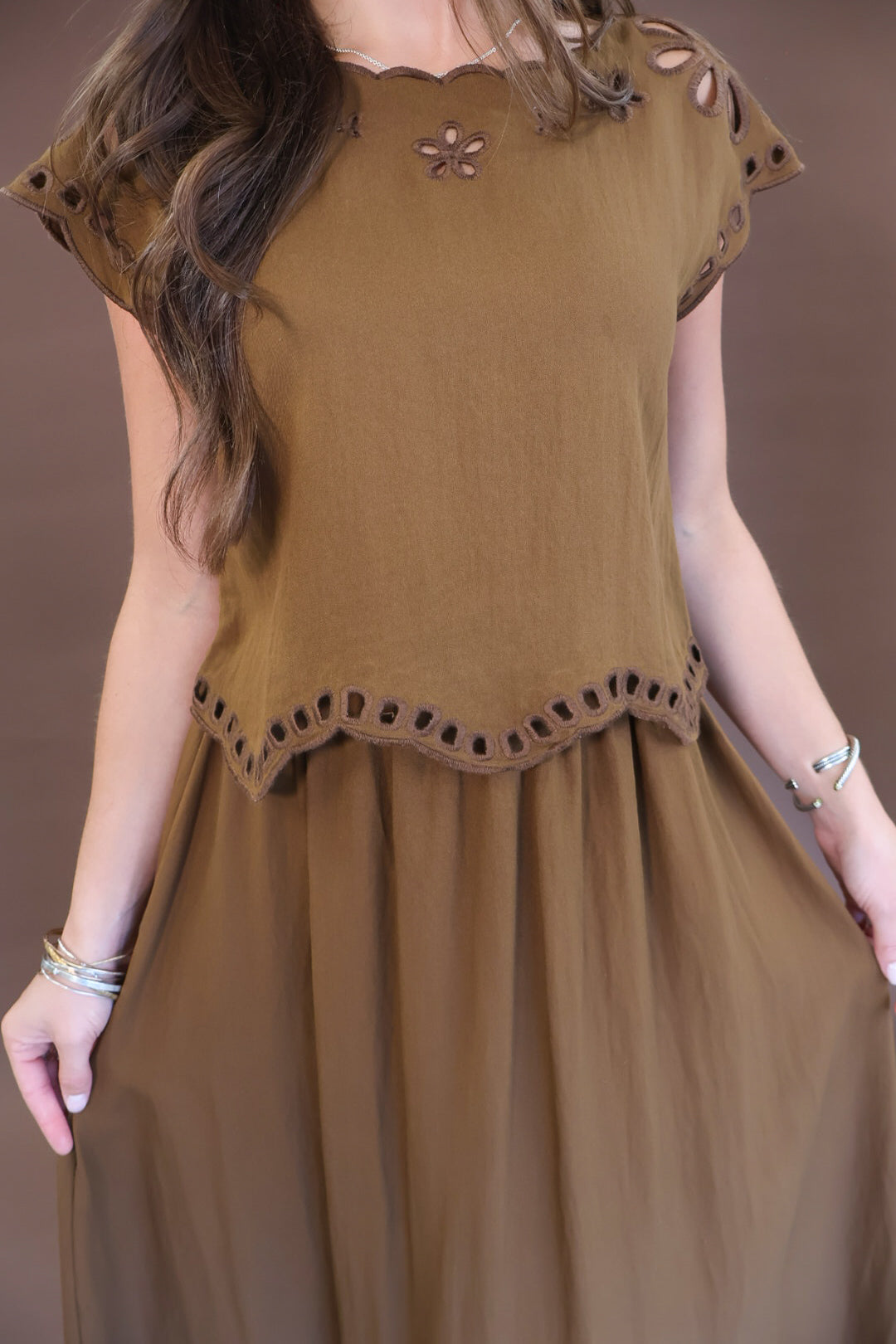 Chocolate eyelet cutout boxy top and skirt set