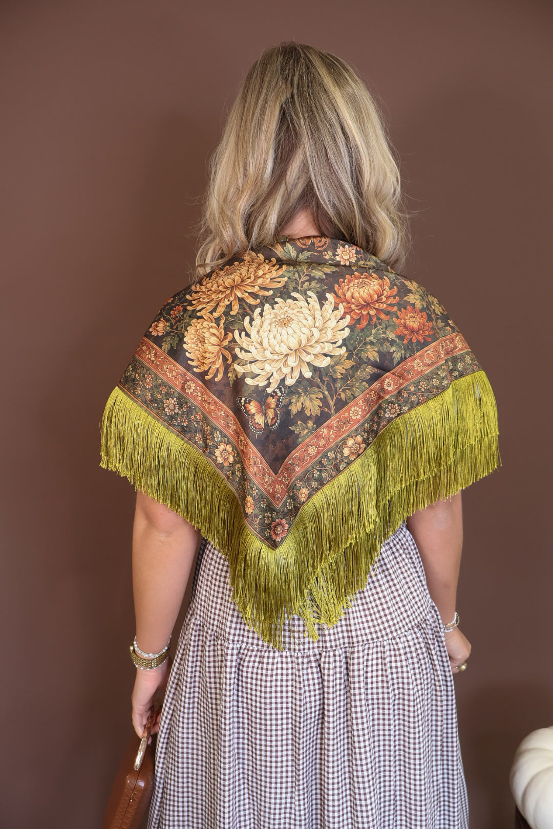 Green Deer Print Fringe Square Scarf — back view showing fringe.