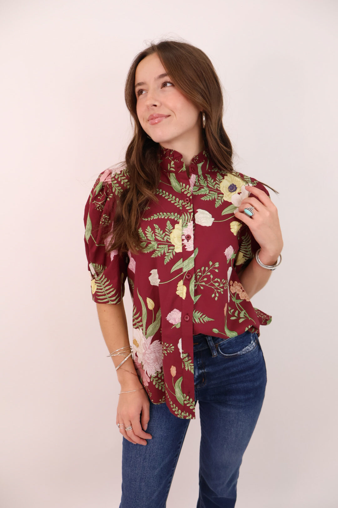 Merlot Floral Button Front Top