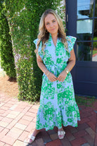 Eyelet Floral Belted Midi Dress - Blue Green