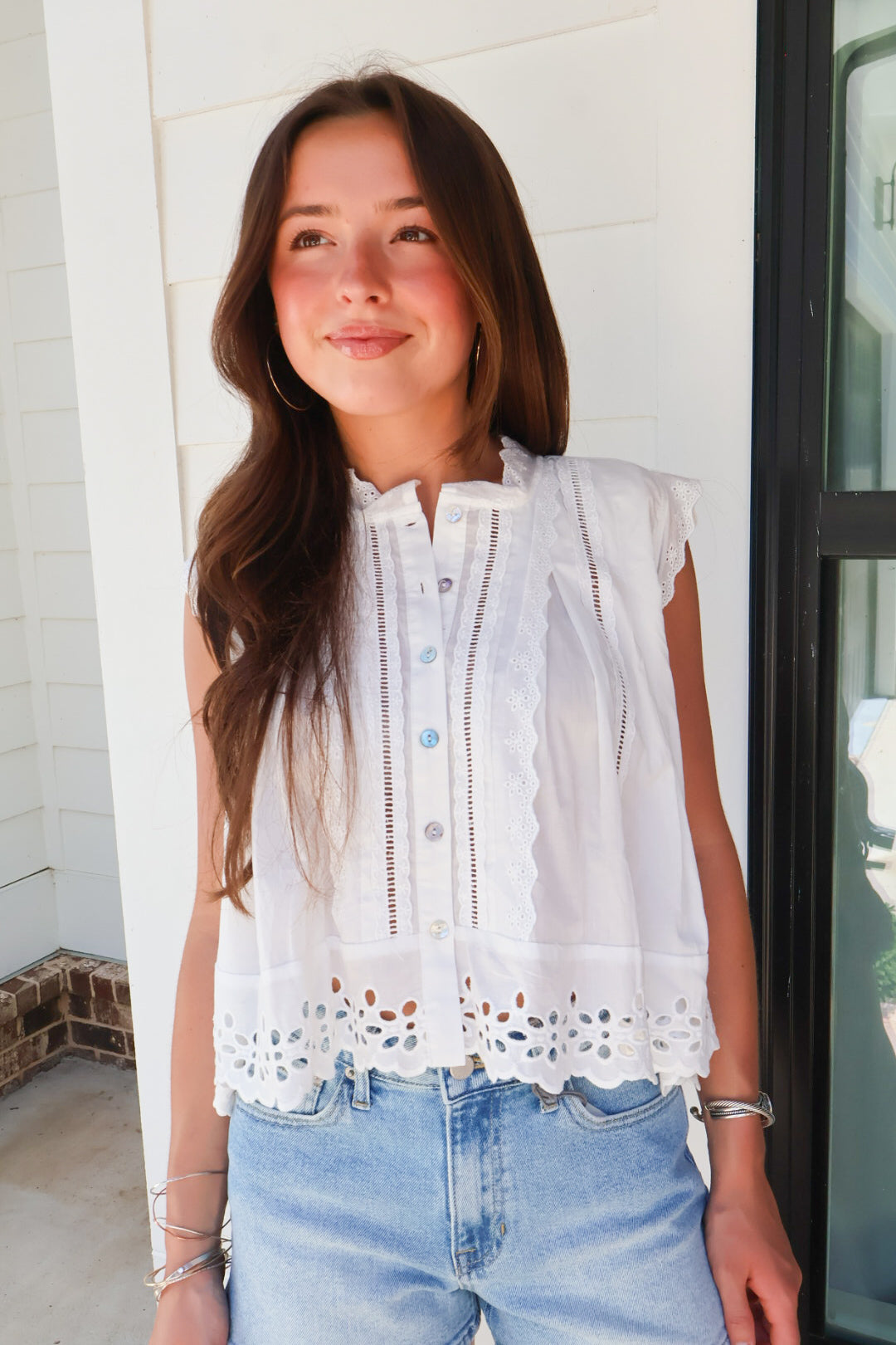 White Eyelet Button-Front Top