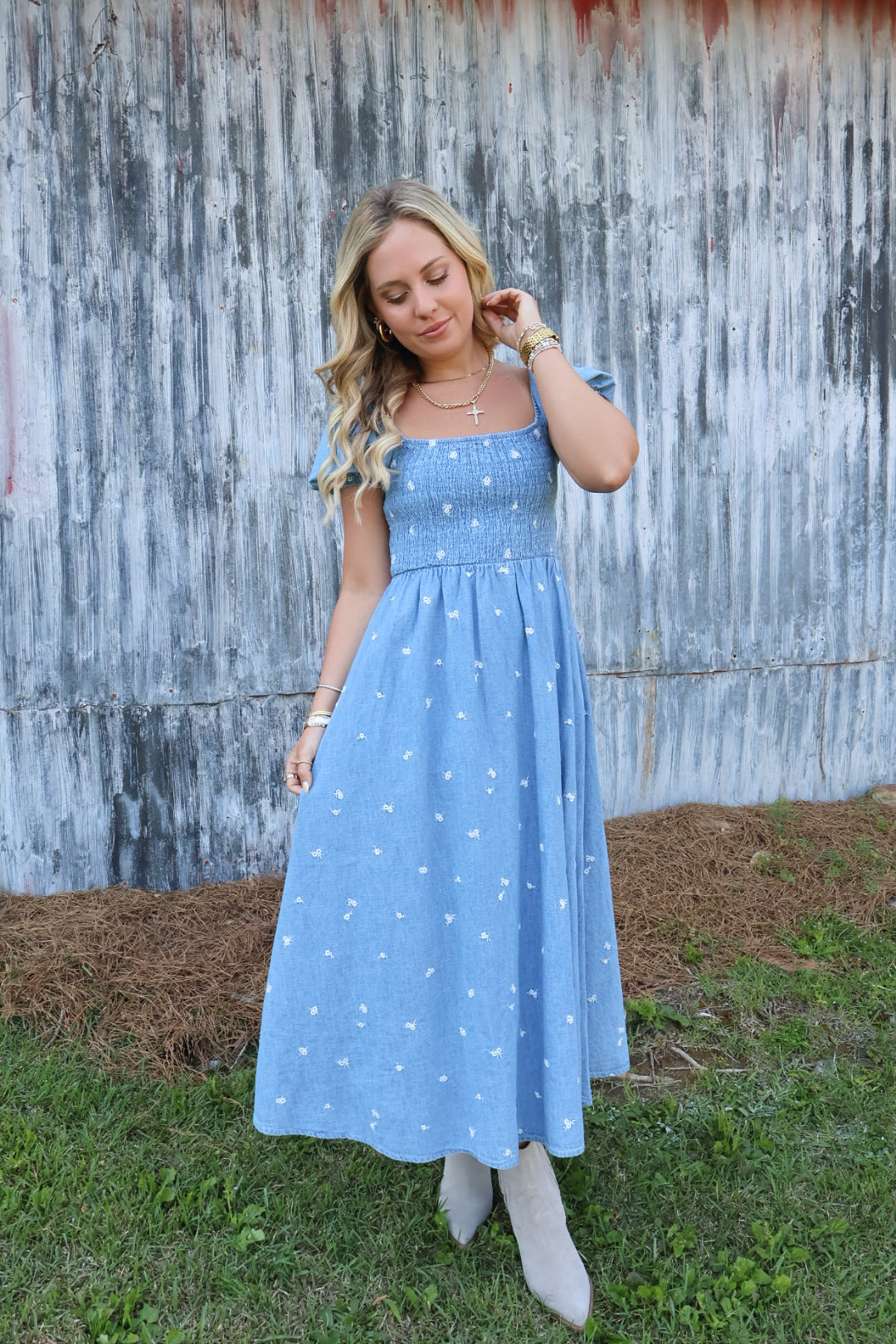 Floral Embroidered Denim Midi Dress