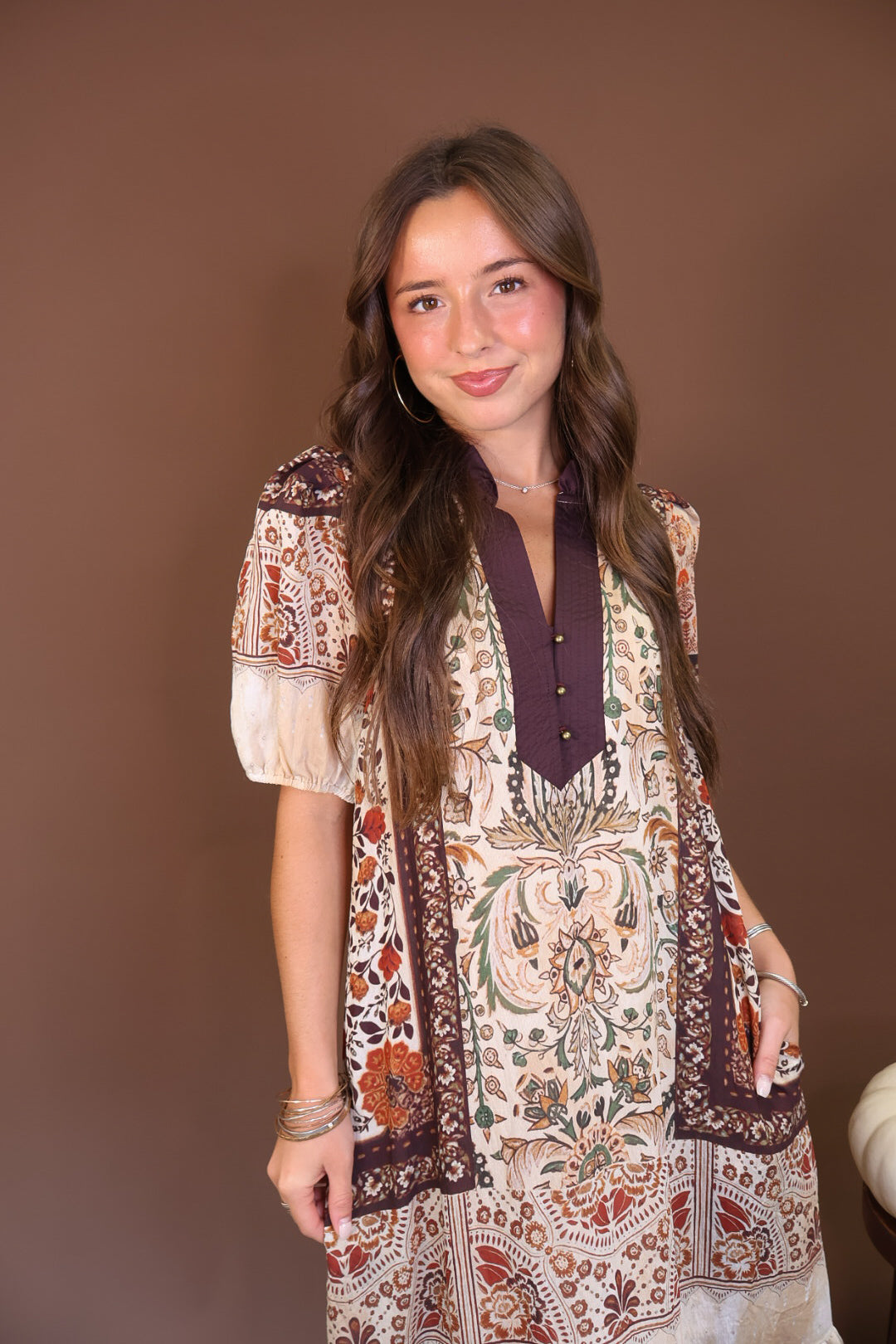 Boho Print Short Sleeve Midi Dress — front view.