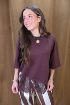 Brown Tee With Asymmetrical Lace Hem — front view.