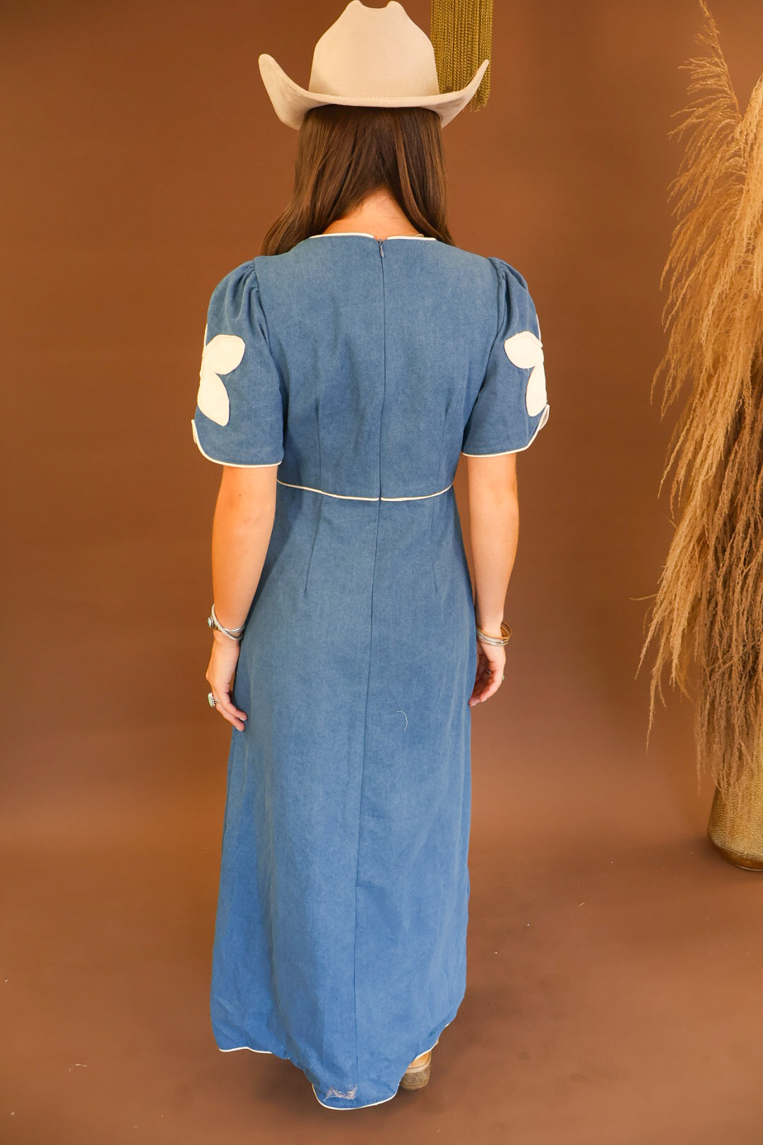 Denim maxi dress with floral embroidery and front slit