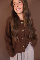 Chocolate Brown Button-Front Cardigan — front view.