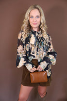 Black Floral Tie-Front Blouse — front view.