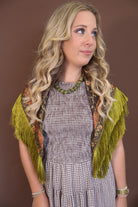 Green Deer Print Fringe Square Scarf — draped over the shoulders.