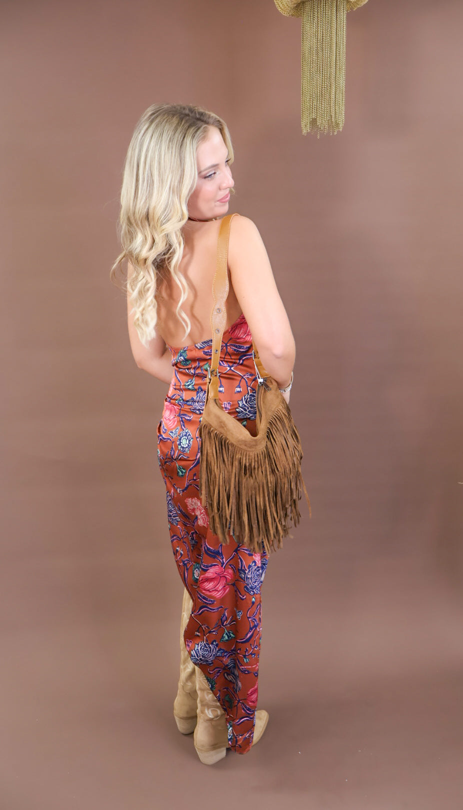 Brown suede fringe crossbody bag