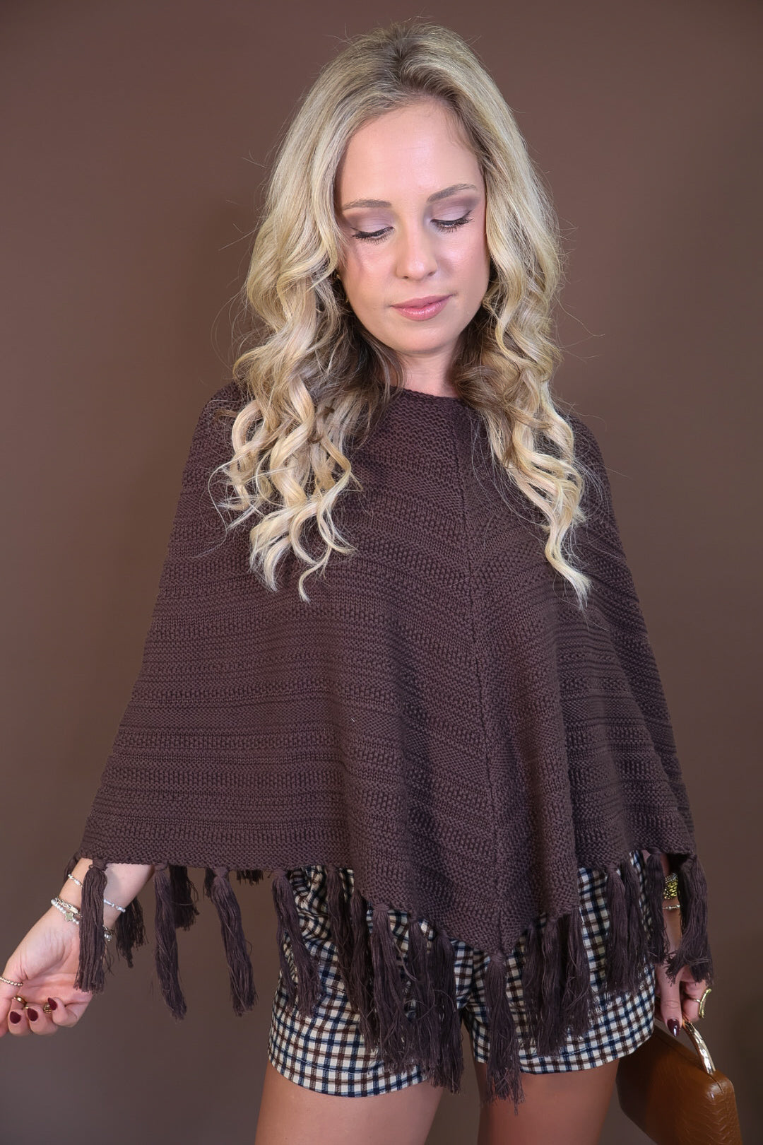 Chocolate Brown Crochet Fringe Poncho Top — front view.