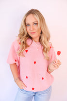 Embroidered Heart Knit Sweater Top - Pink