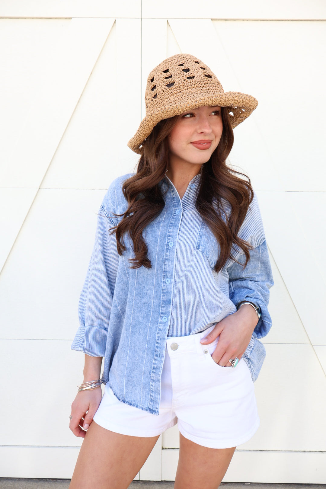 Mixed Stripe Denim Button Down Top