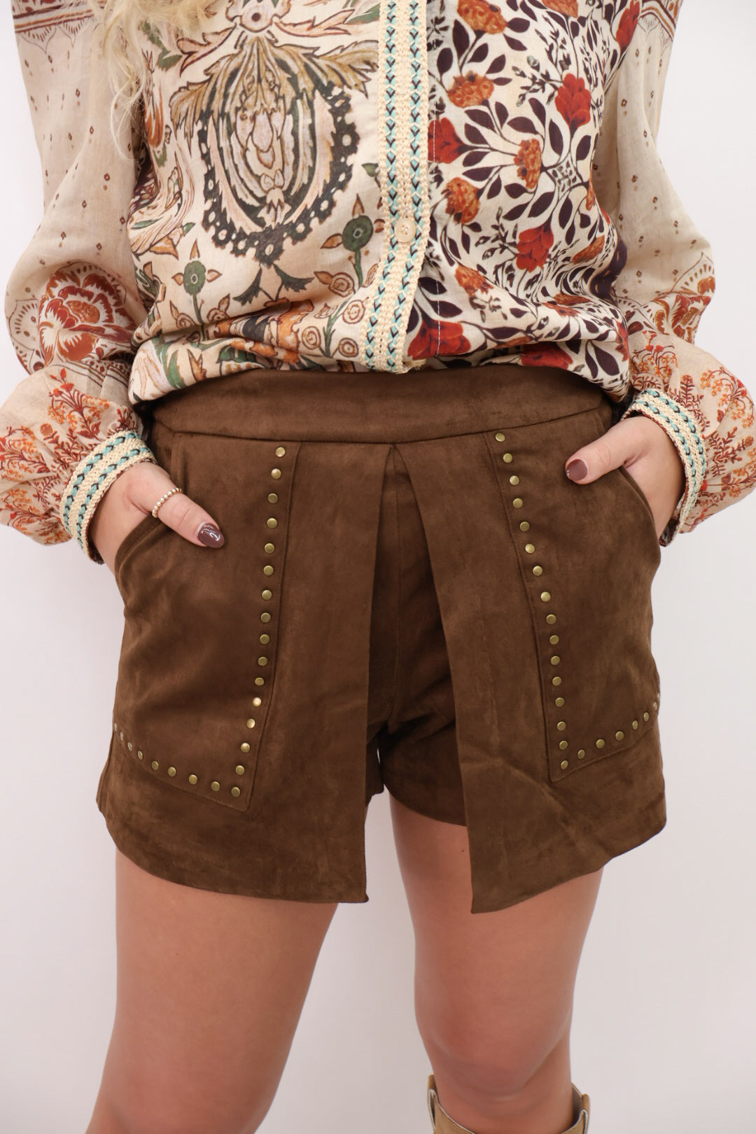 Faux Suede Brown Studded Shorts