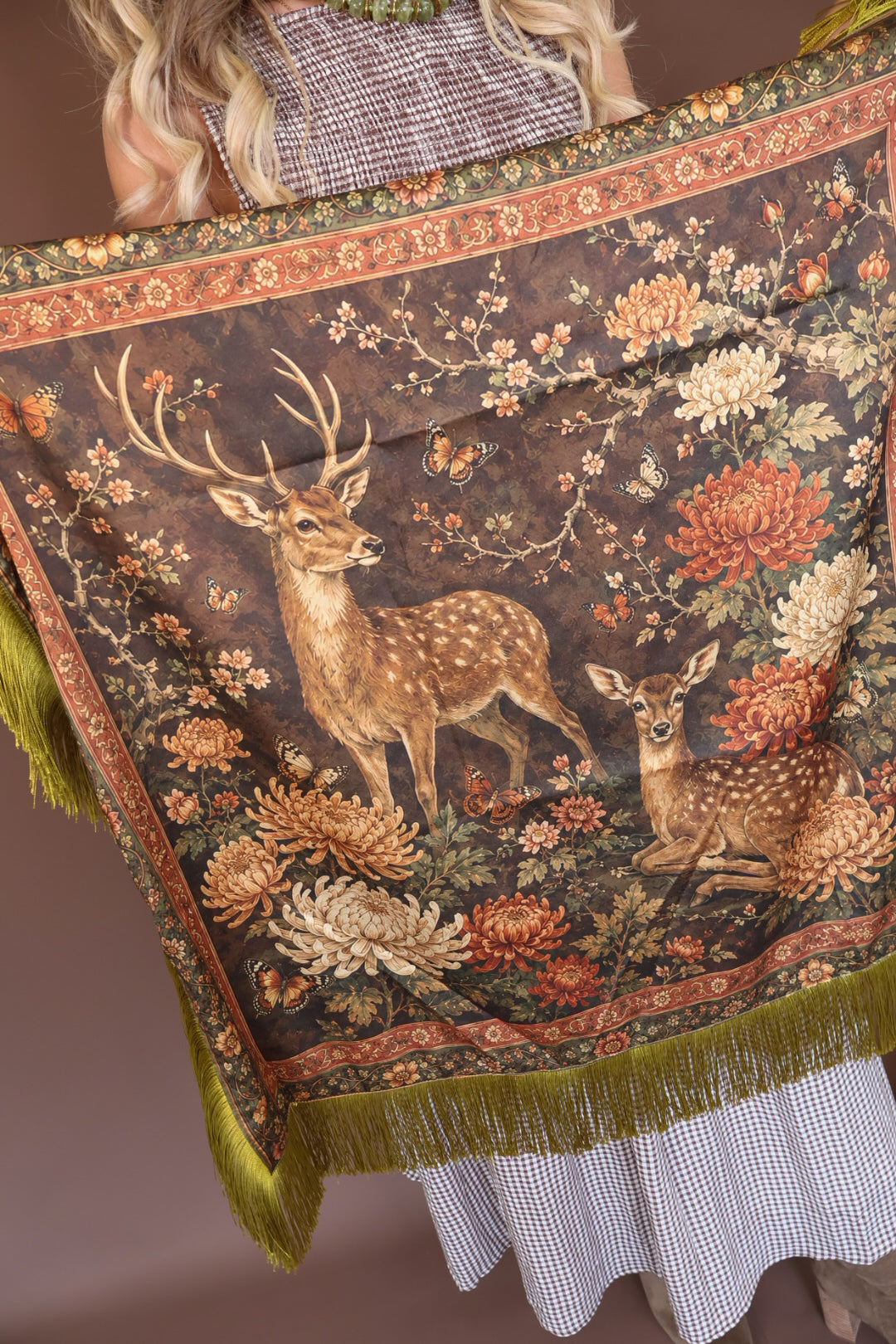 Green Deer Print Fringe Square Scarf — close-up of deer and woodland print.