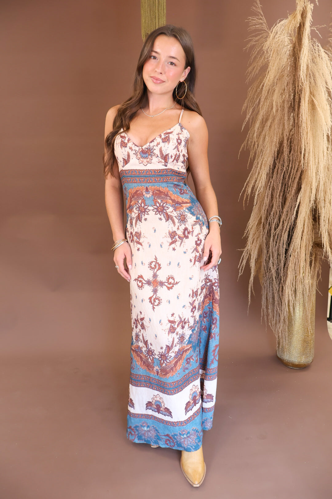 Cream border print boho maxi dress with open back