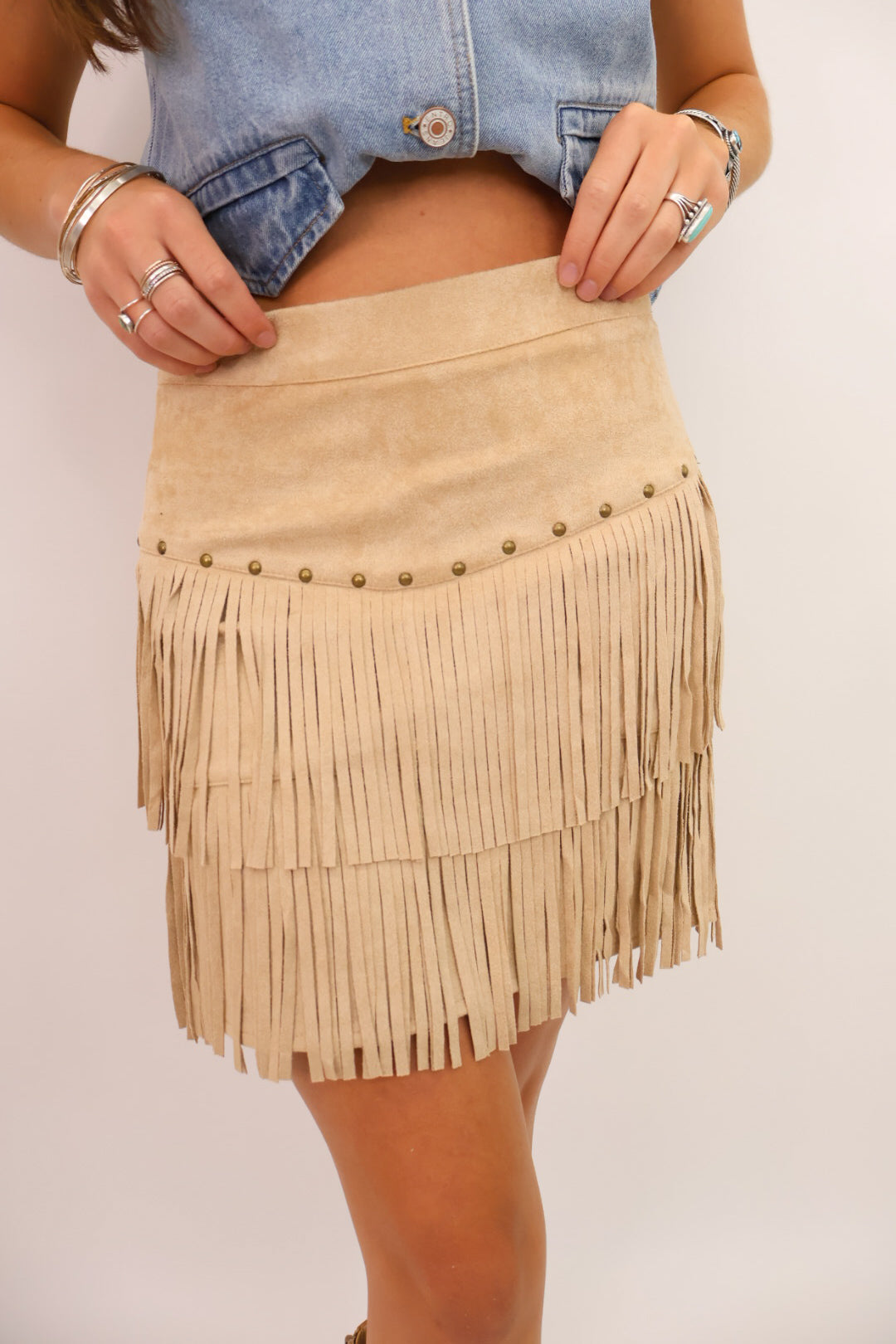 Studded Fringe Suede Skirt - Taupe