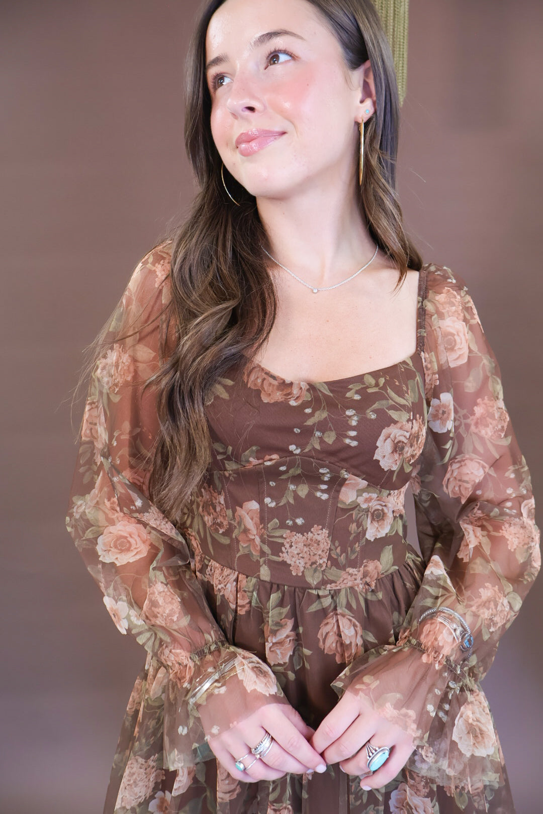 Brown floral mesh dress with sheer long sleeves