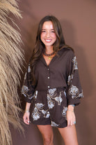 Model wearing the Brown Embroidered Short Set from Moda Boutique