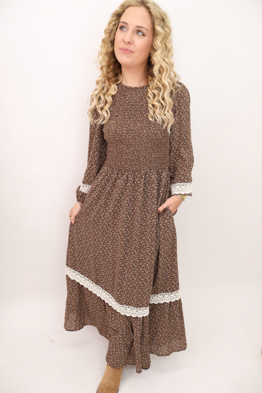 Brown Floral Lace Trim Maxi Dress