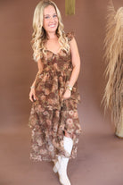 Chocolate floral mesh dress with ruffle straps and side slit