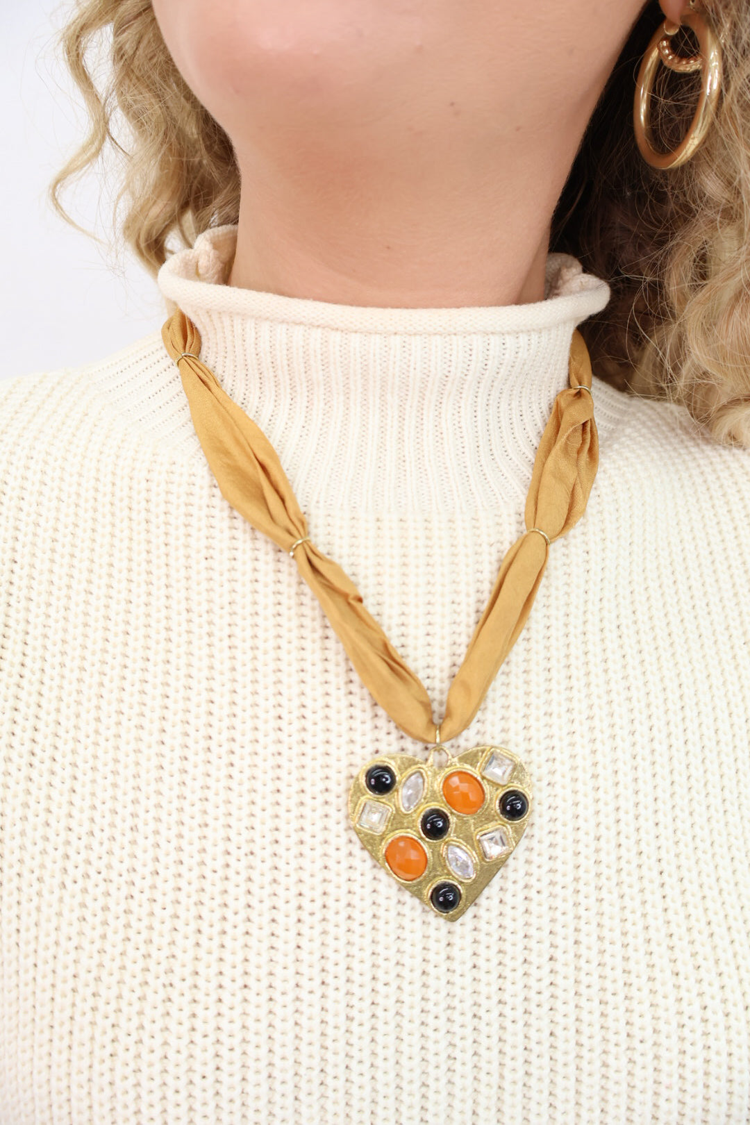 Gemstone Heart Mustard Scarf Necklace