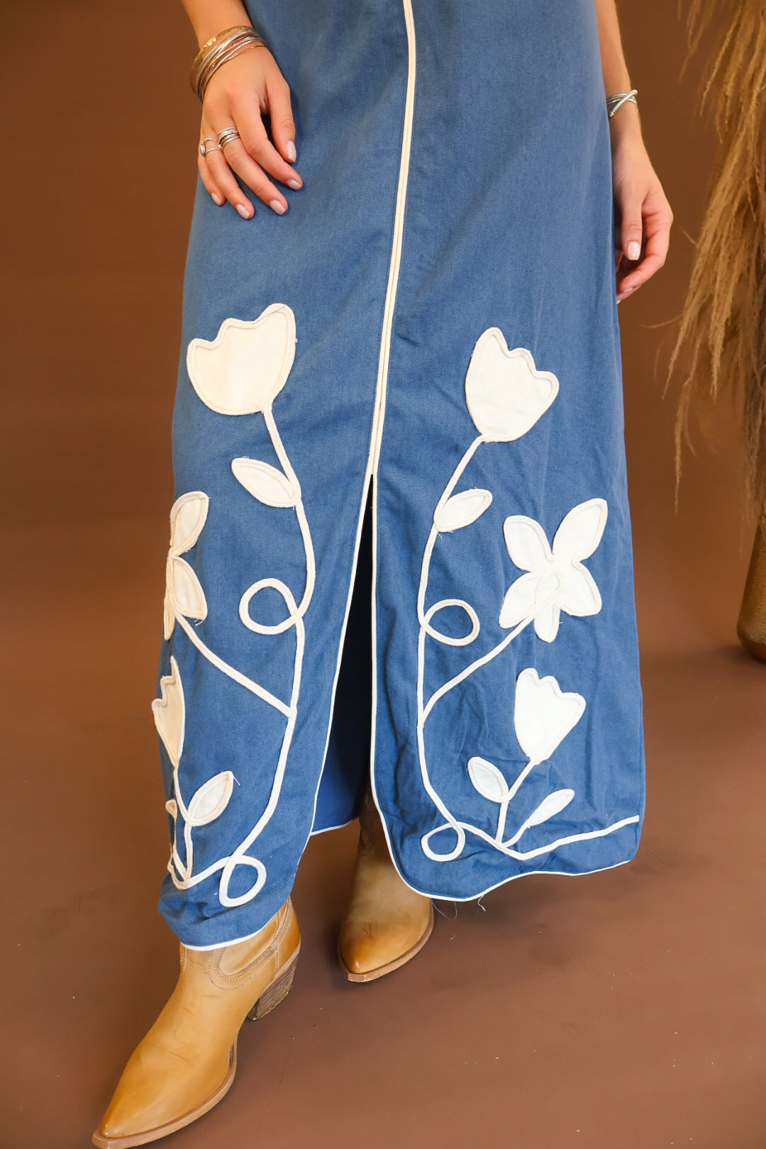 Denim maxi dress with floral embroidery and front slit