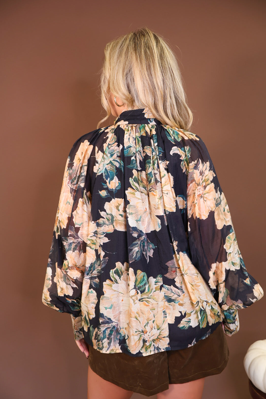 Black Floral Tie-Front Blouse — back view.
