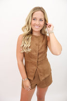 Faux Suede Vest and Shorts Set - Camel