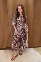Brown Zebra Print Midi Shirt Dress — full front view.