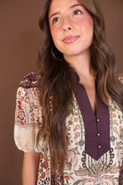 Boho Print Short Sleeve Midi Dress — close-up of neckline panel.