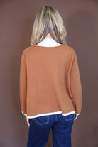 Camel Horsebit Detail Open-Front Cardigan — back view.