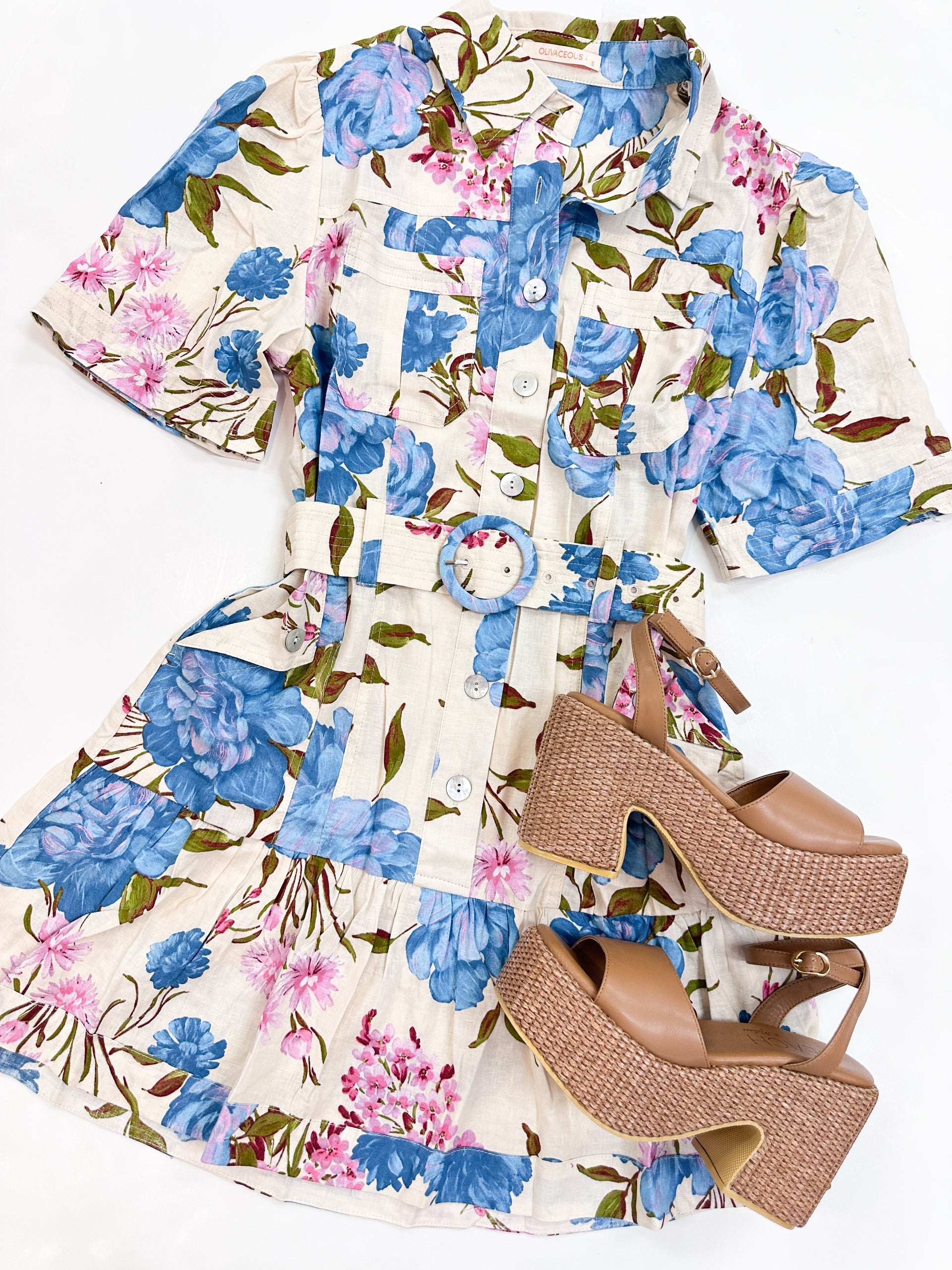 Blue Floral Linen Blend Belted Shirt Dress – Moda Boutique