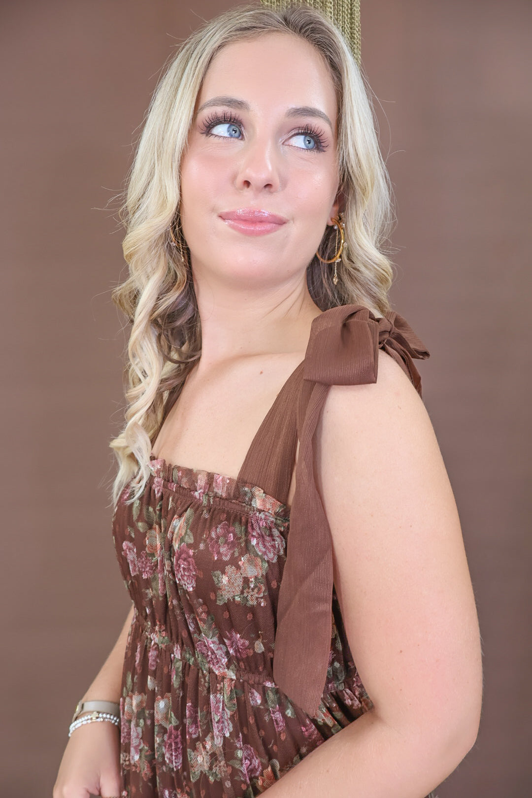 Chocolate floral mesh tiered midi dress with shoulder ties and smocked back