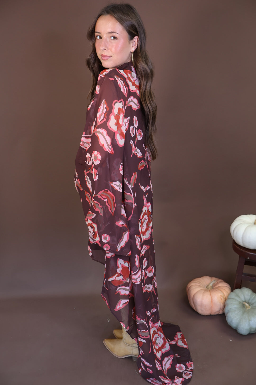 Burgundy And Brown Floral High-Low Maxi Dress — side view of long back hem.