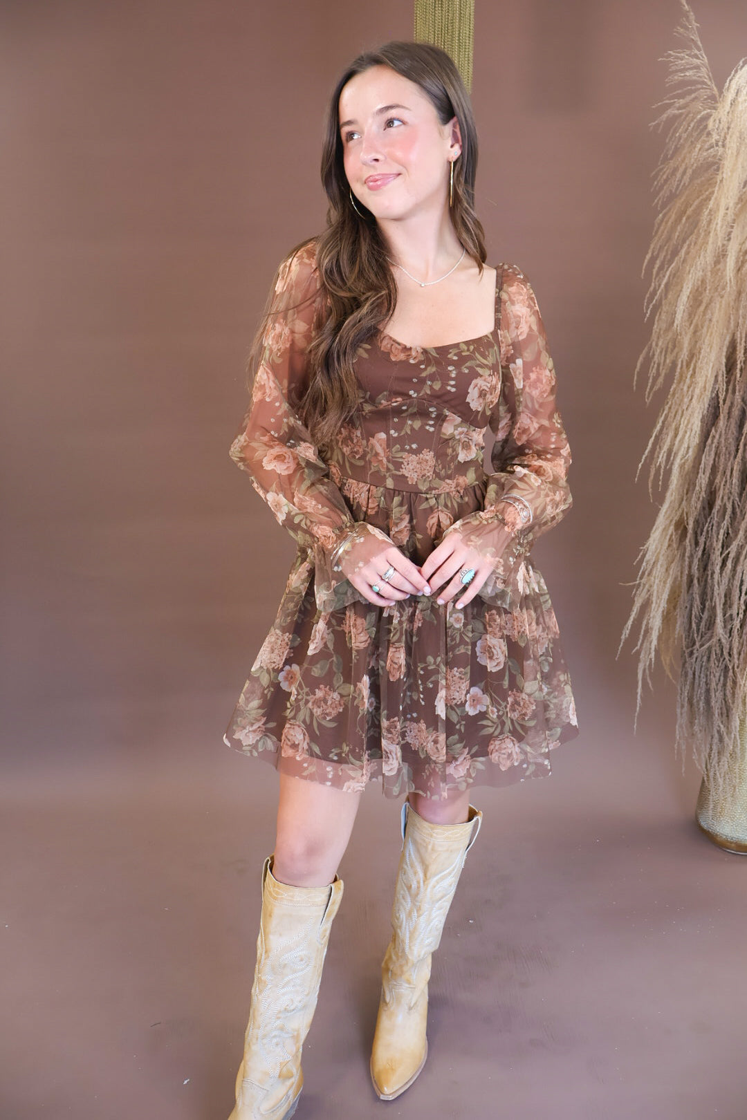 Brown floral mesh dress with sheer long sleeves
