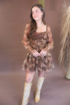 Brown floral mesh dress with sheer long sleeves