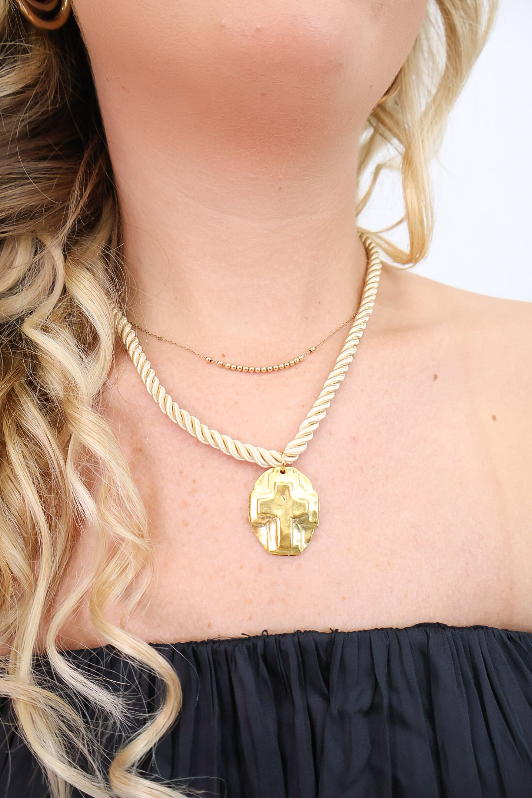 Gold Cross Pendant Rope Necklace
