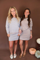 Heather Gray Striped Sweater And Mini Skirt Set — shown beside the hazelnut set.
