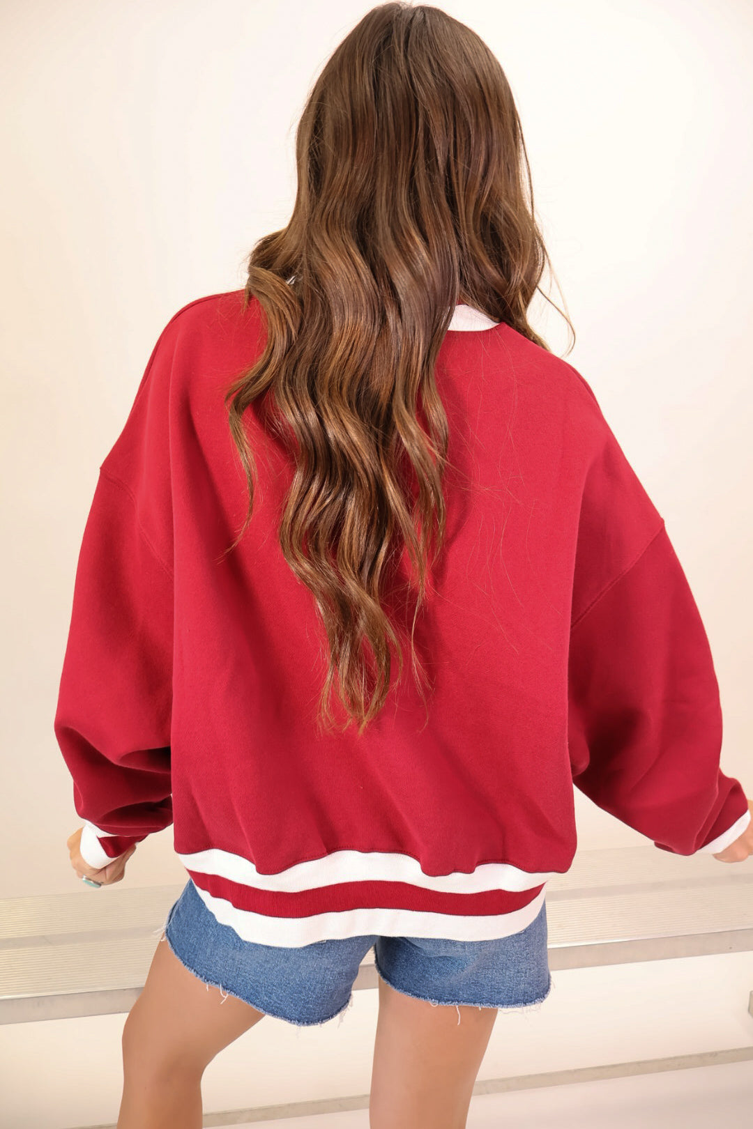 Crimson Alabama varsity mockneck pullover with white appliqué lettering — view 4