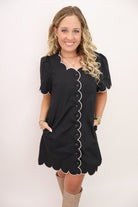 Black Scalloped Trim Button Front Dress