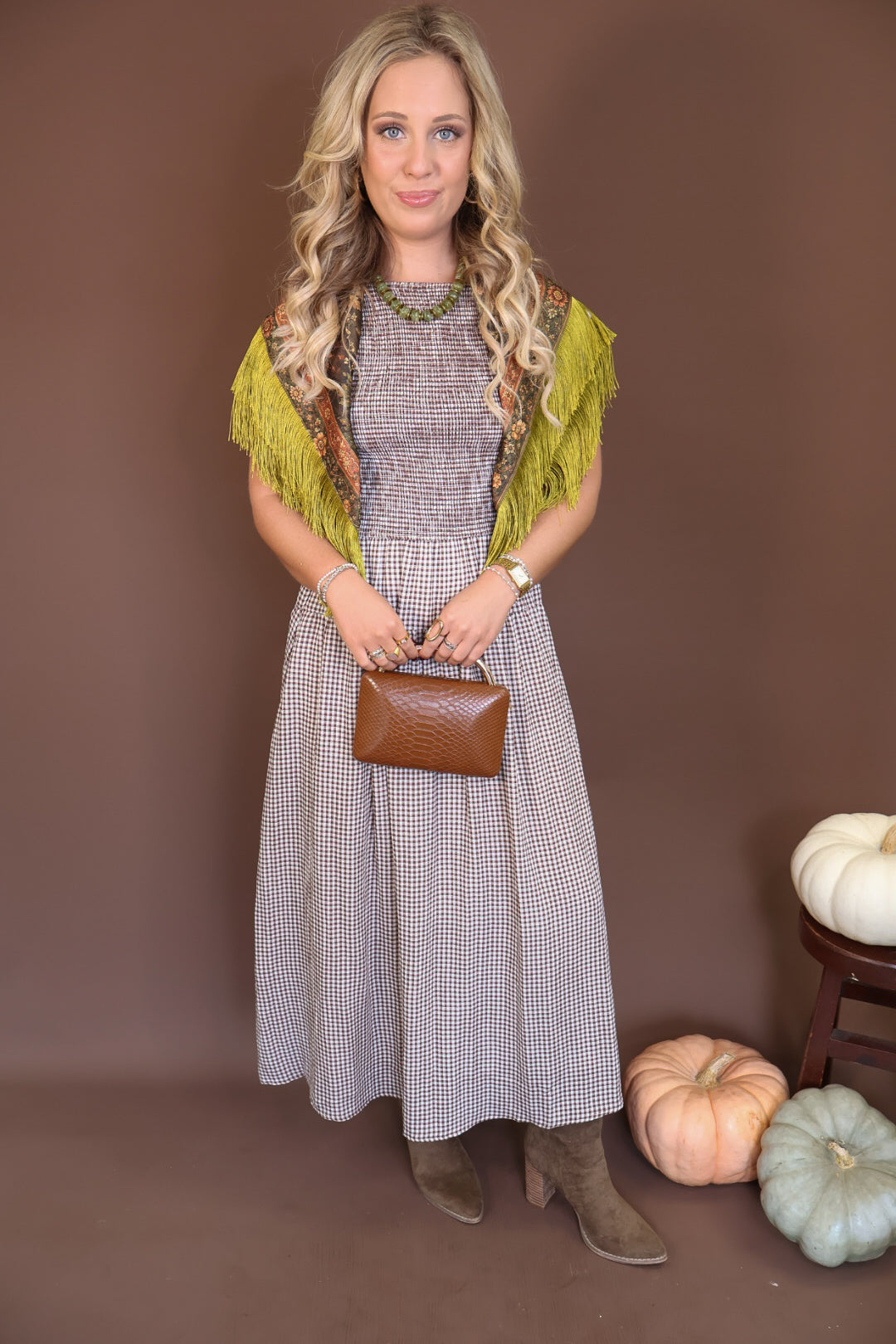 Green Deer Print Fringe Square Scarf — full outfit with scarf around shoulders.