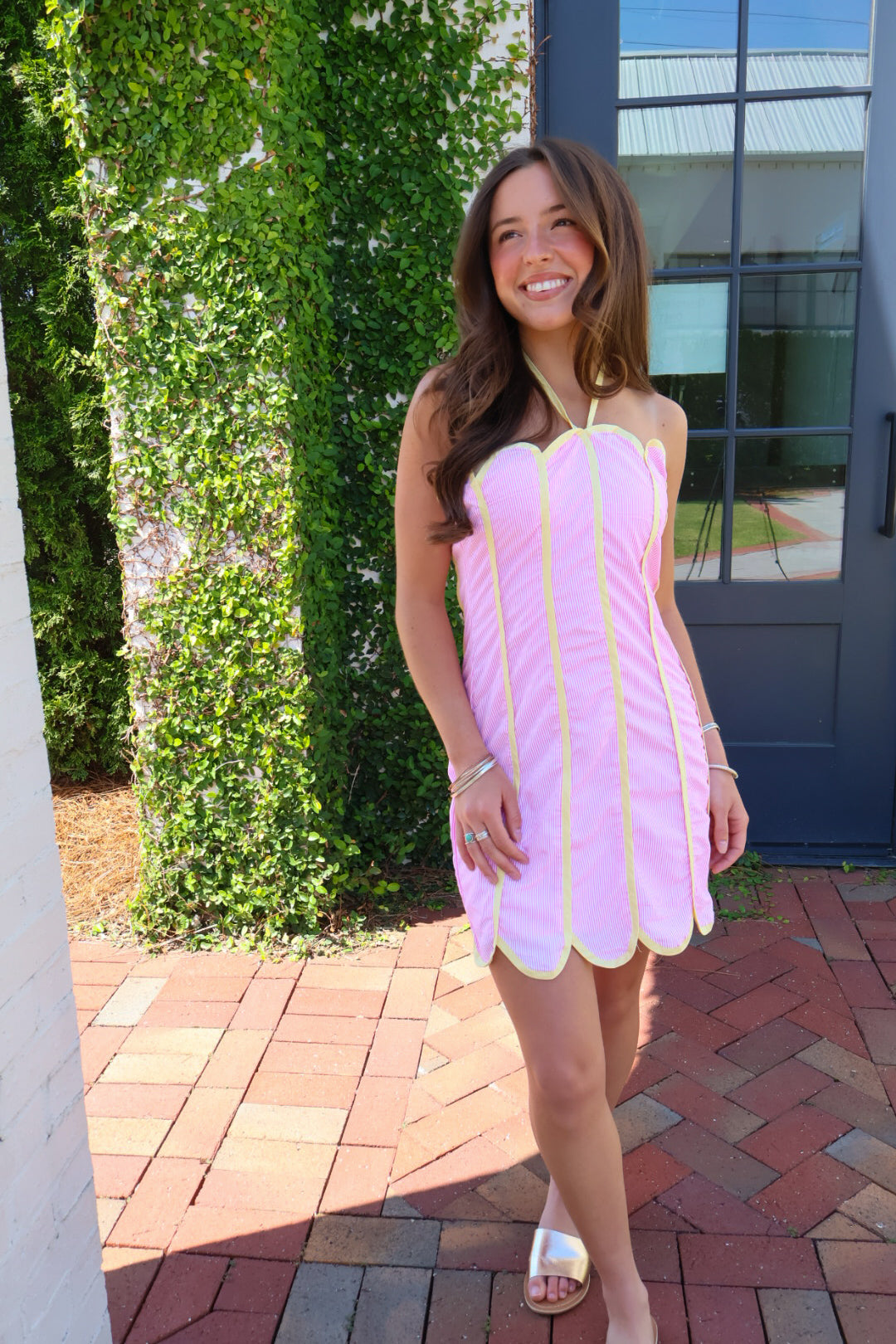 Pink + Yellow Scalloped Halter Mini Dress