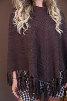 Chocolate Brown Crochet Fringe Poncho Top — close-up of crochet texture and fringe.